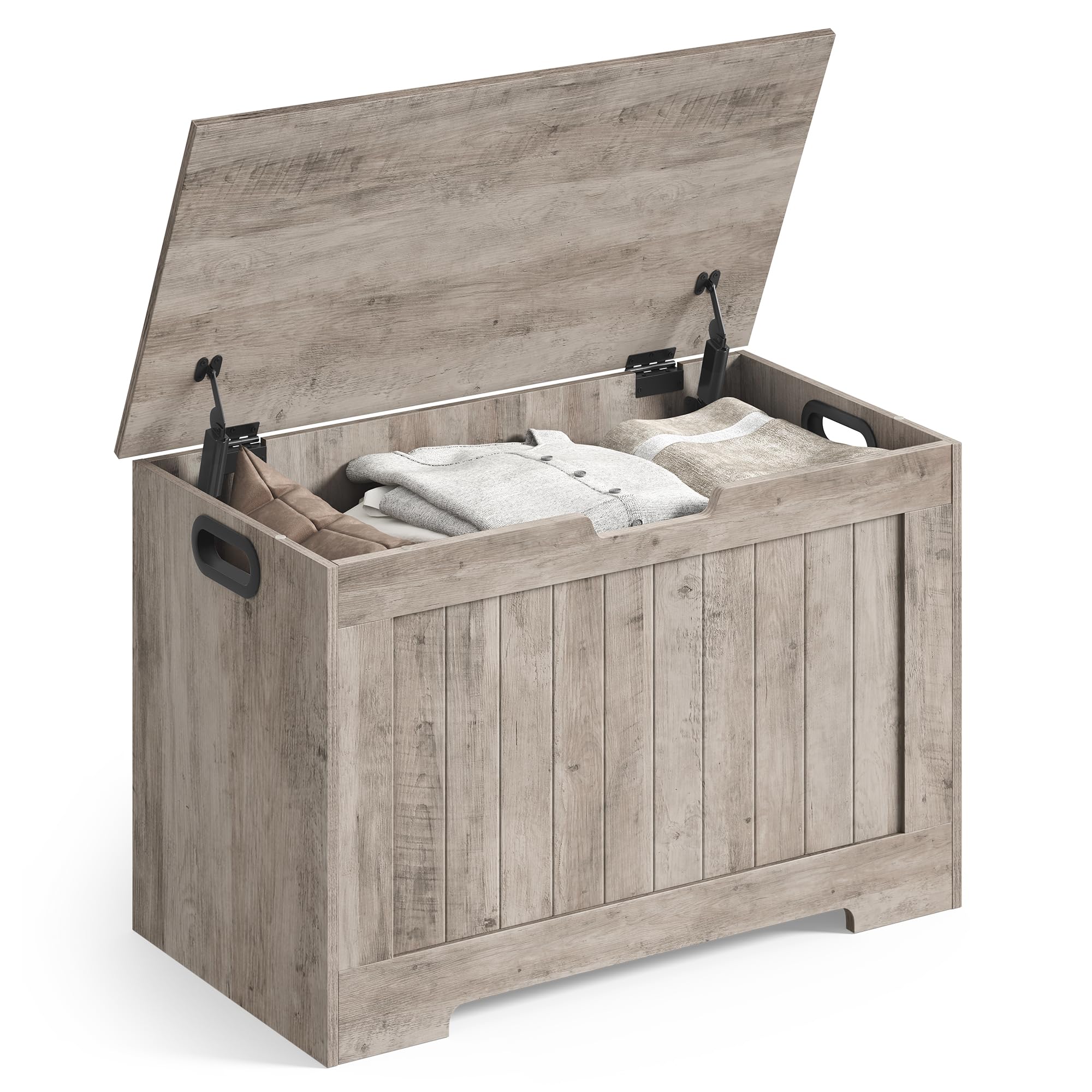 Greige Farmhouse Safety Hinge Storage Bench