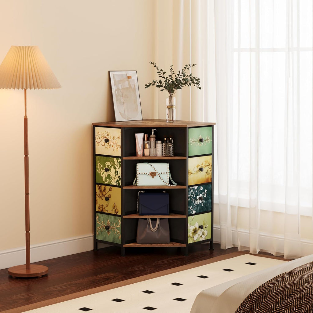8 Drawers Retro Fabric Corner Dresser