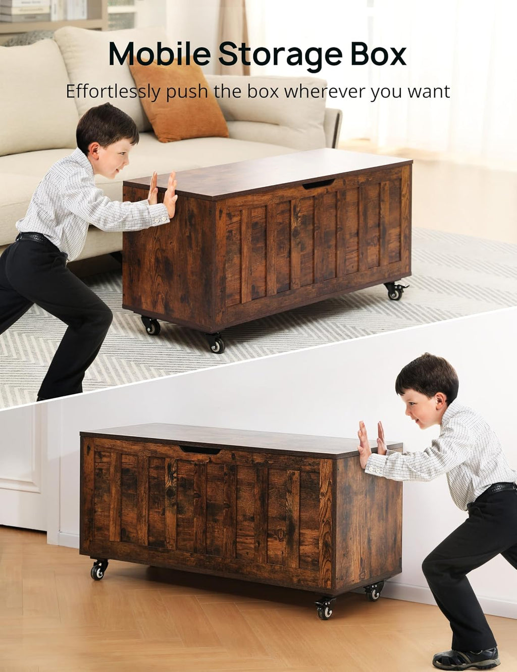 Rustic Wheeled Wooden Toy Storage Bench