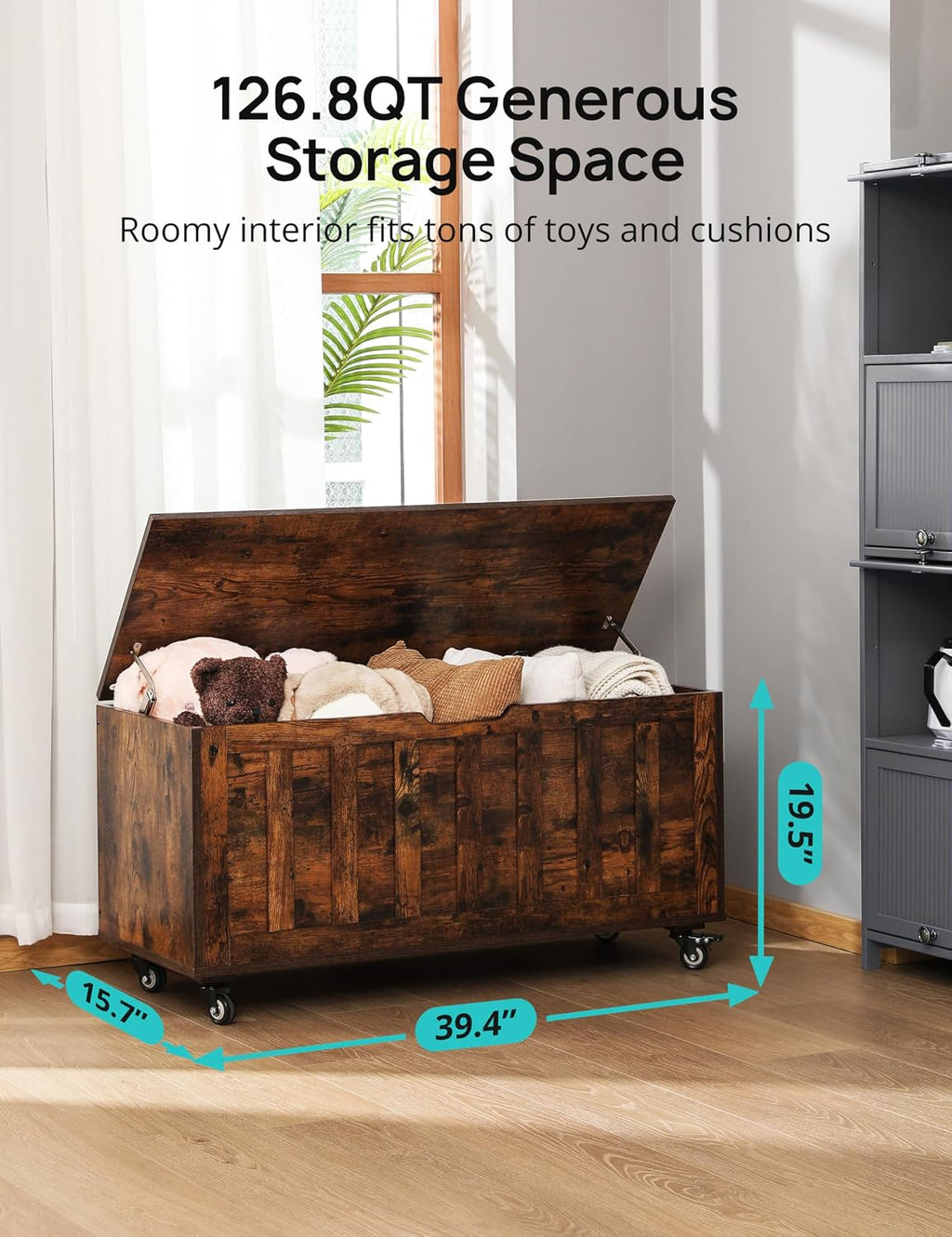 Rustic Wheeled Wooden Toy Storage Bench