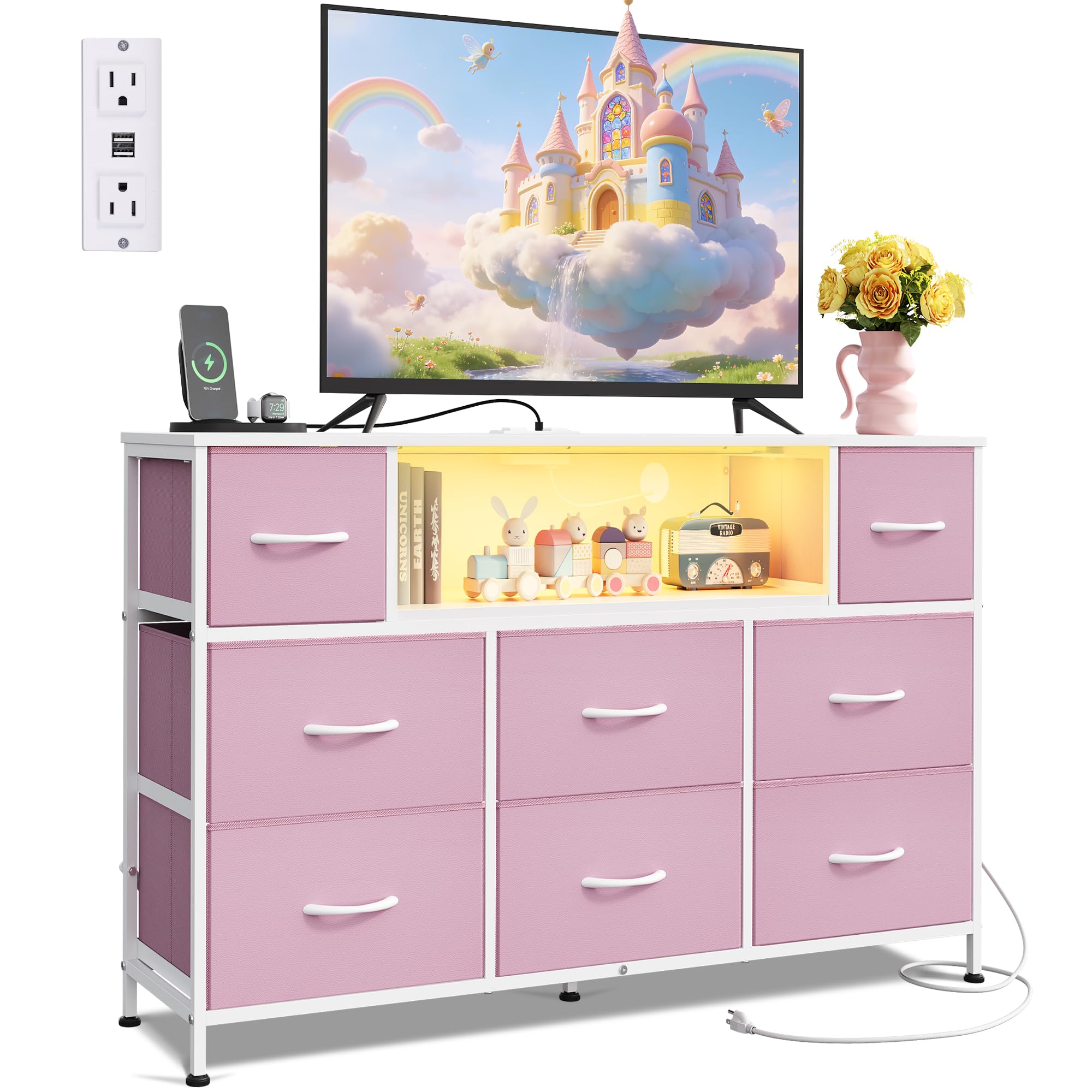LED Charging Fabric Drawer TV Dresser Stand
