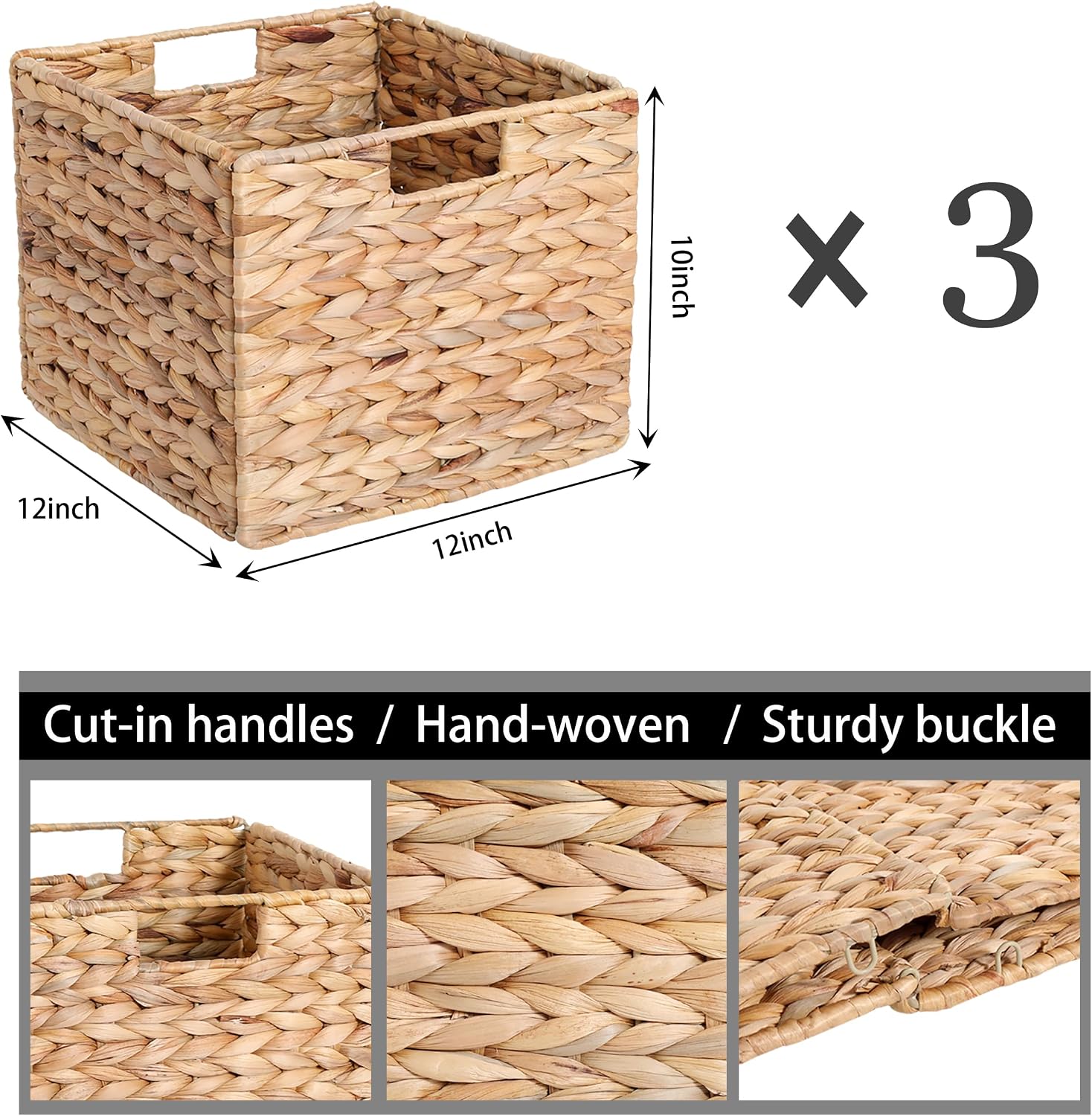 3 Pack Large Water Hyacinth Cube Baskets