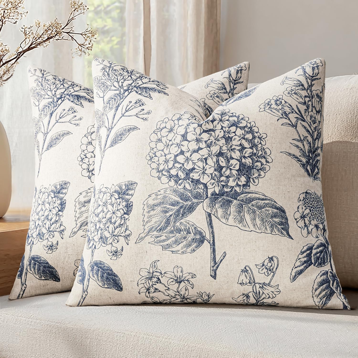 2 Pack Blue Hydrangea Floral Pillow Covers