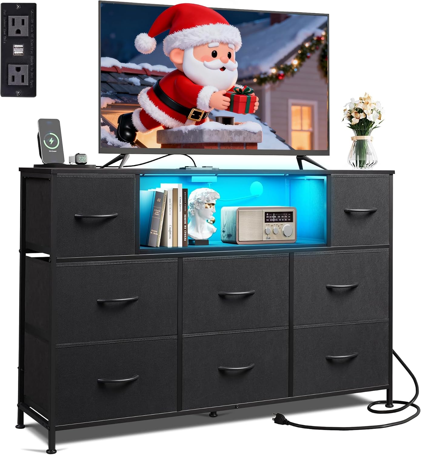 LED Charging Fabric Drawer TV Dresser Stand