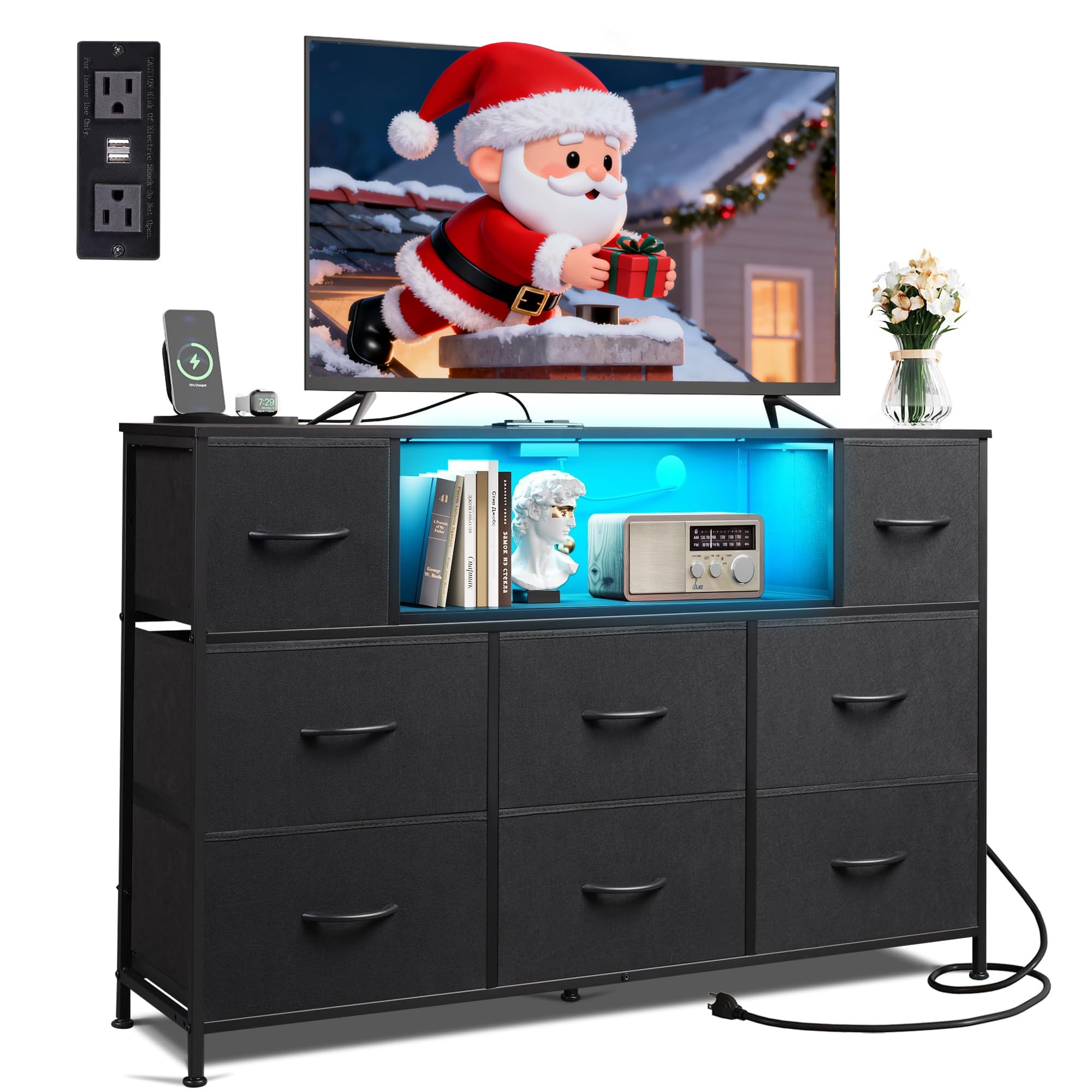 LED Charging Fabric Drawer TV Dresser Stand