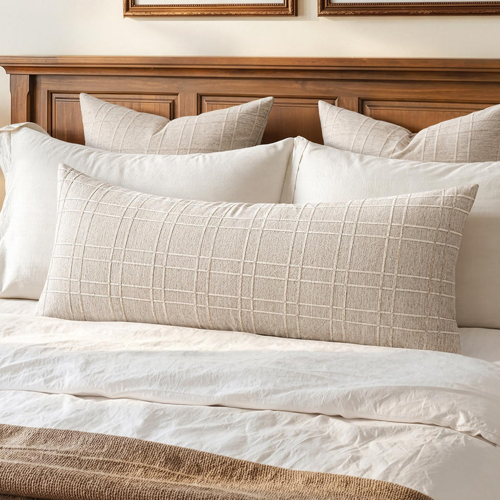 1 Pack Beige Check Lumbar Pillow Cover
