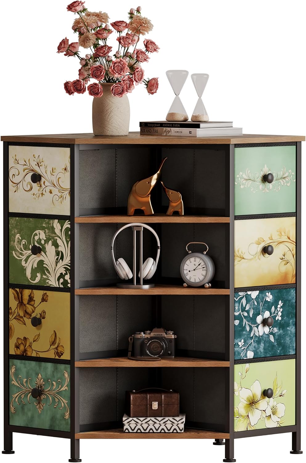 8 Drawers Retro Fabric Corner Dresser