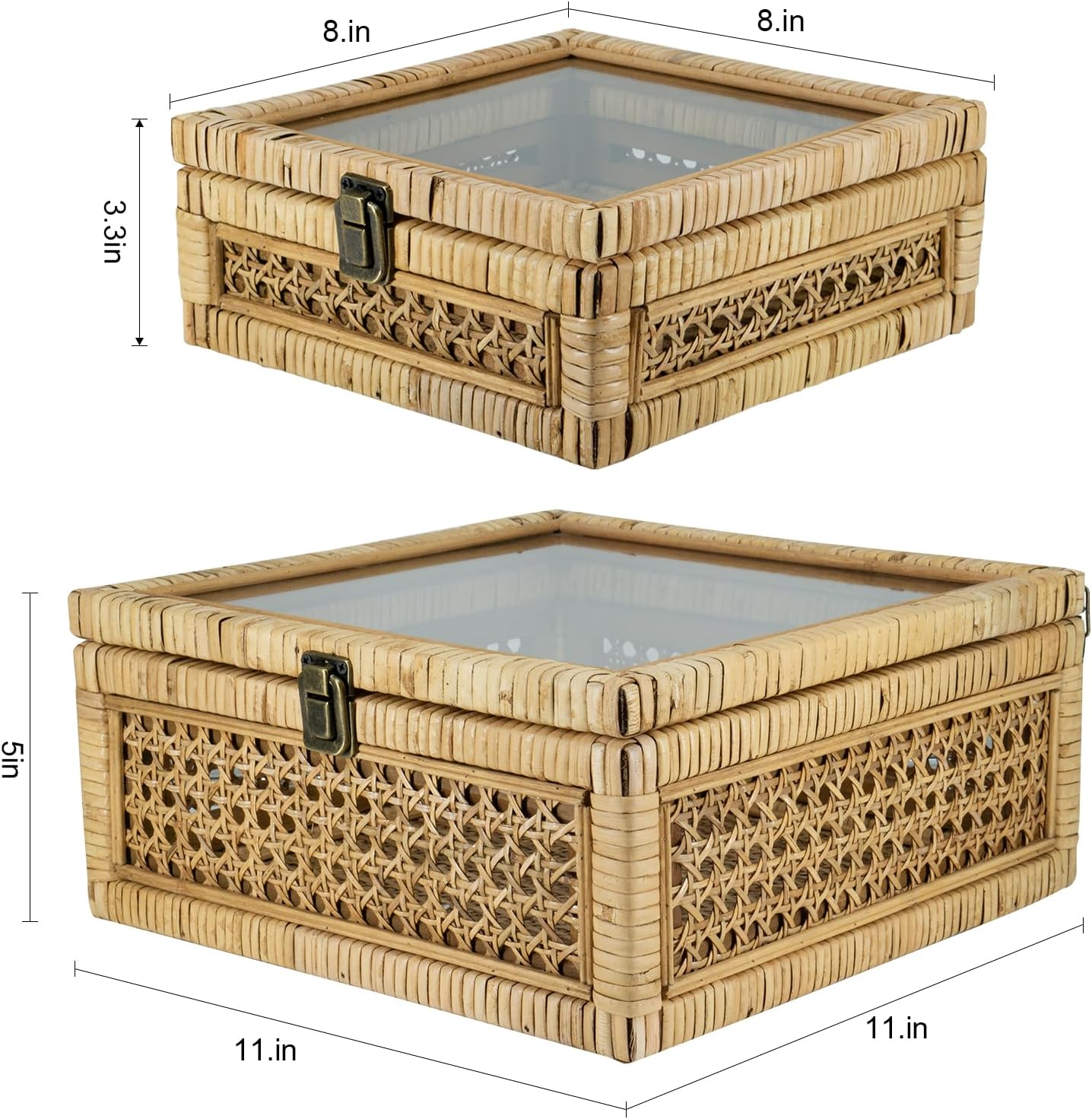 2 Pack Rattan Square Storage Boxes Glass Lid