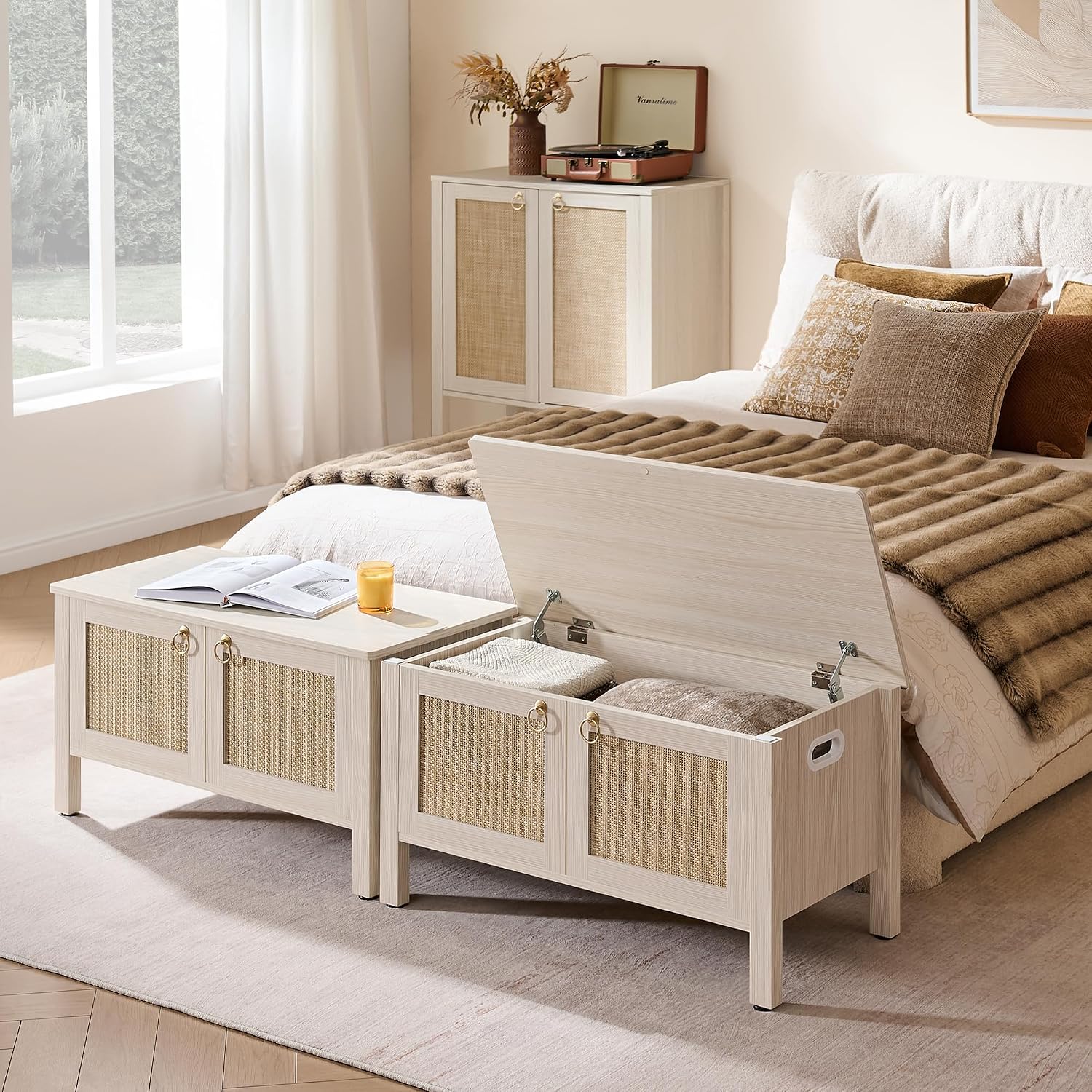 White Oak Rattan Boho Storage Bench Chest