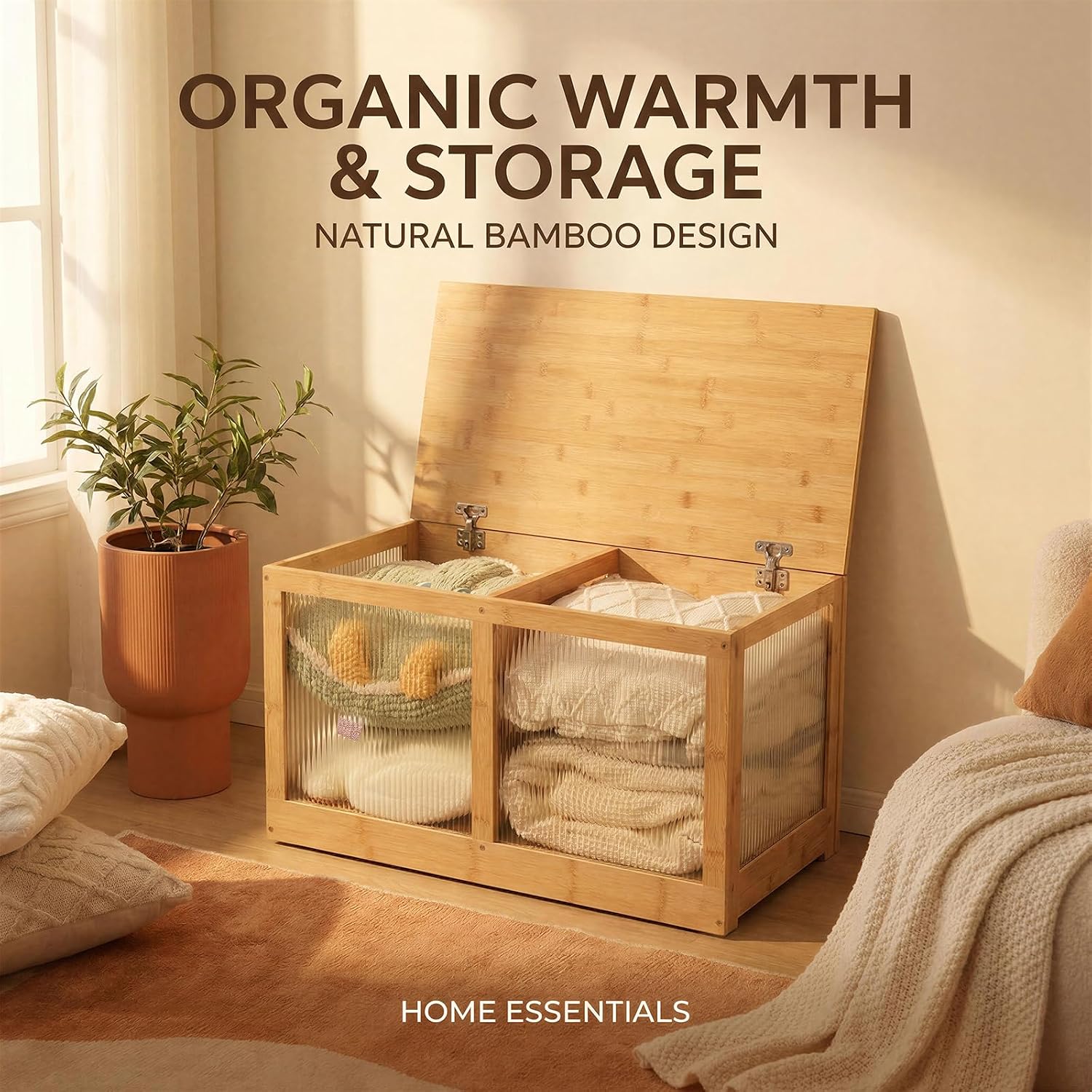 Bamboo Acrylic Panel Storage Bench Chest