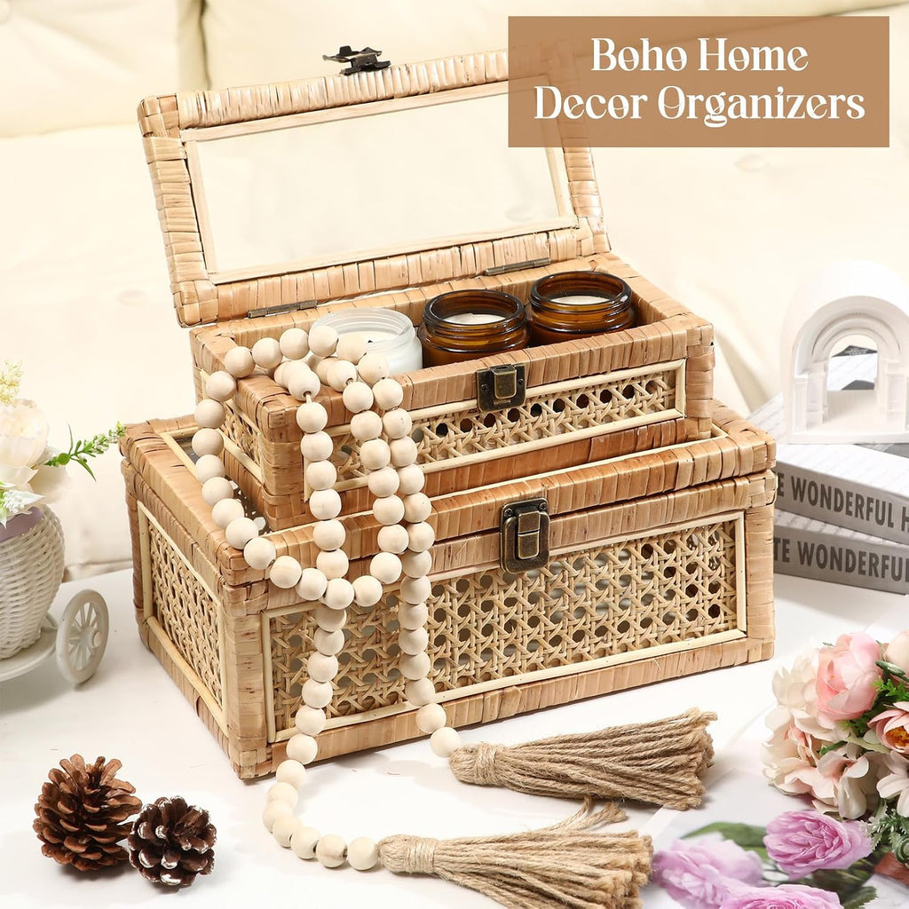 2 Pack Glass Lid Rattan Stackable Storage Boxes
