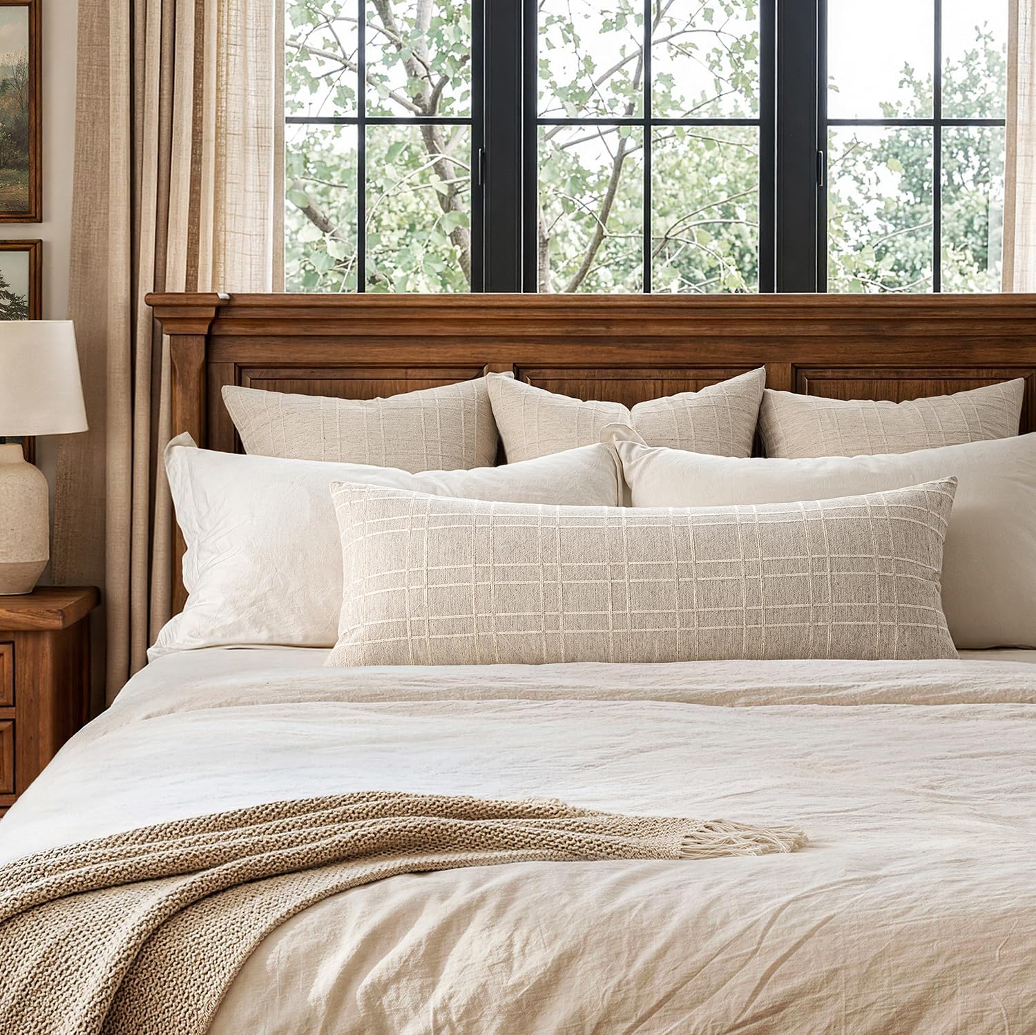 1 Pack Beige Check Lumbar Pillow Cover