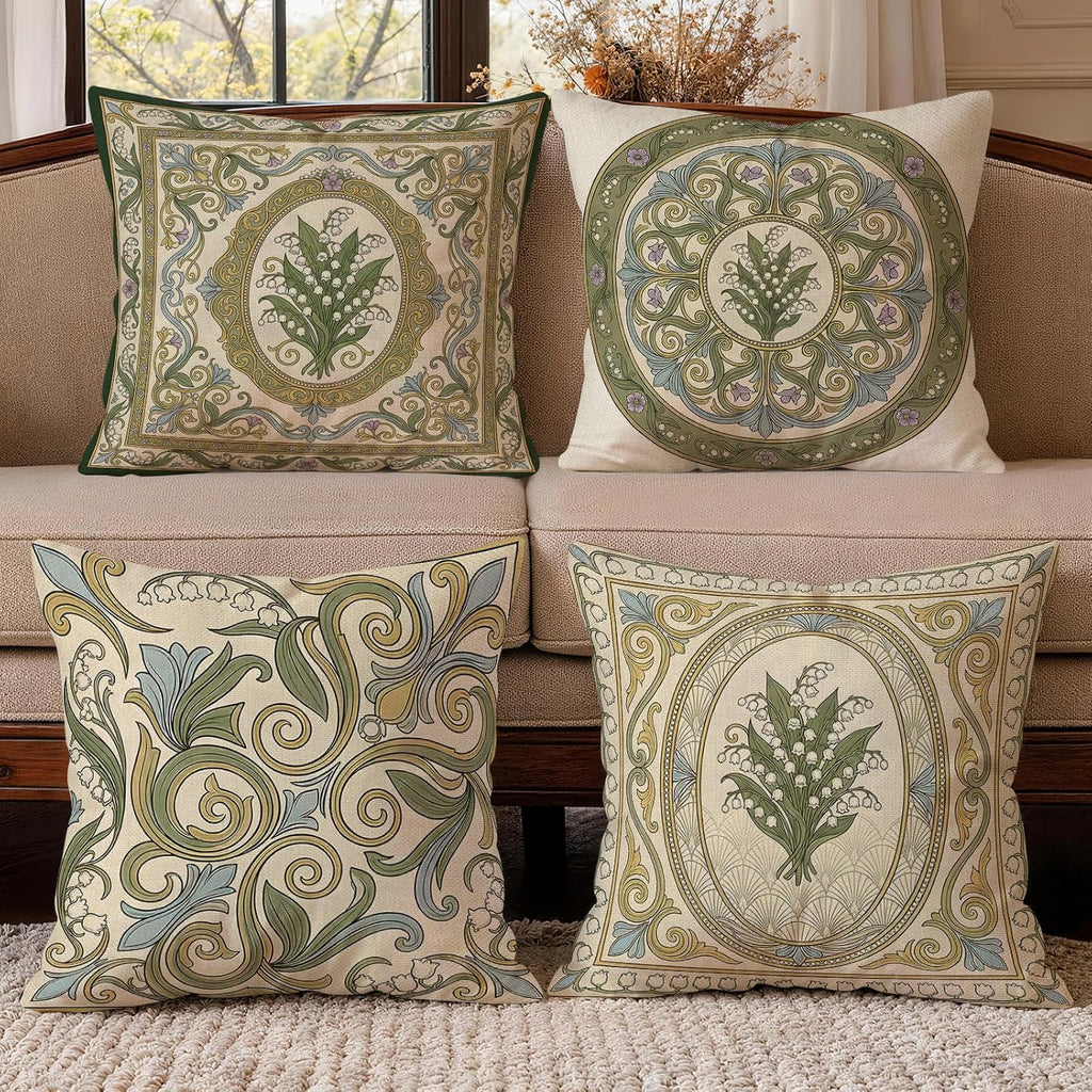 4 Pack Green Botanical Lily Pillow Covers