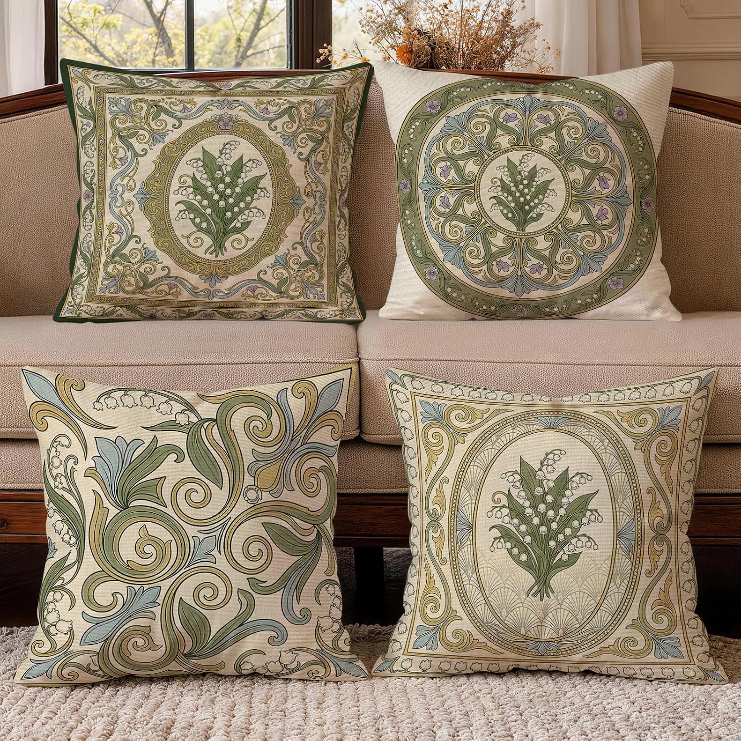4 Pack Green Botanical Lily Pillow Covers