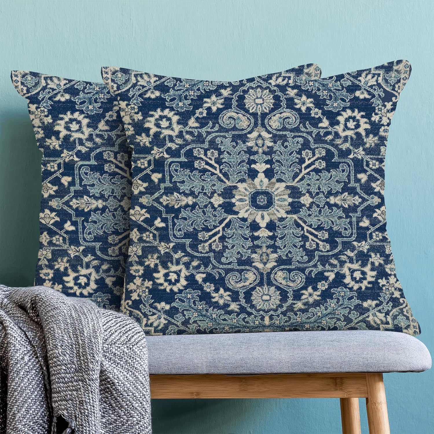 2 Pack Blue White Boho Pillow Covers