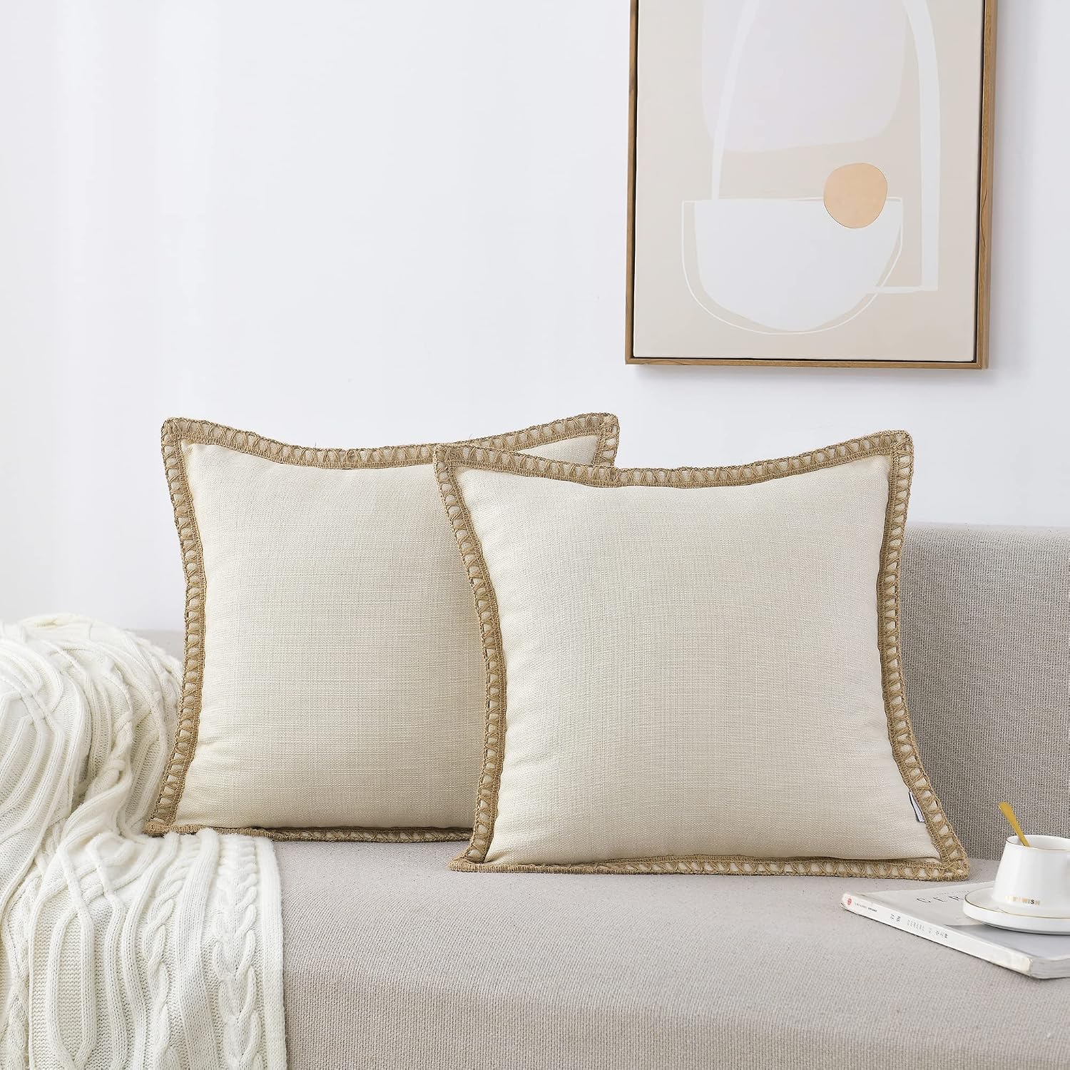 2 Pack Beige Linen Throw Pillow Covers