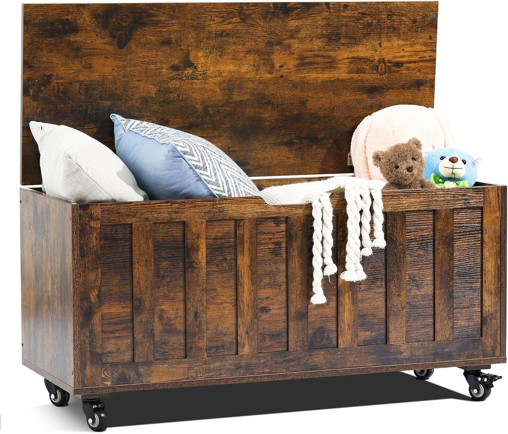 Rustic Wheeled Wooden Toy Storage Bench
