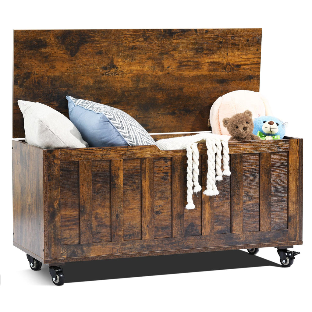 Rustic Wheeled Wooden Toy Storage Bench