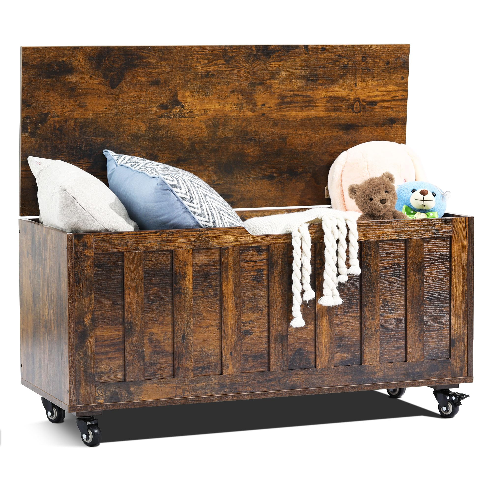 Rustic Wheeled Wooden Toy Storage Bench