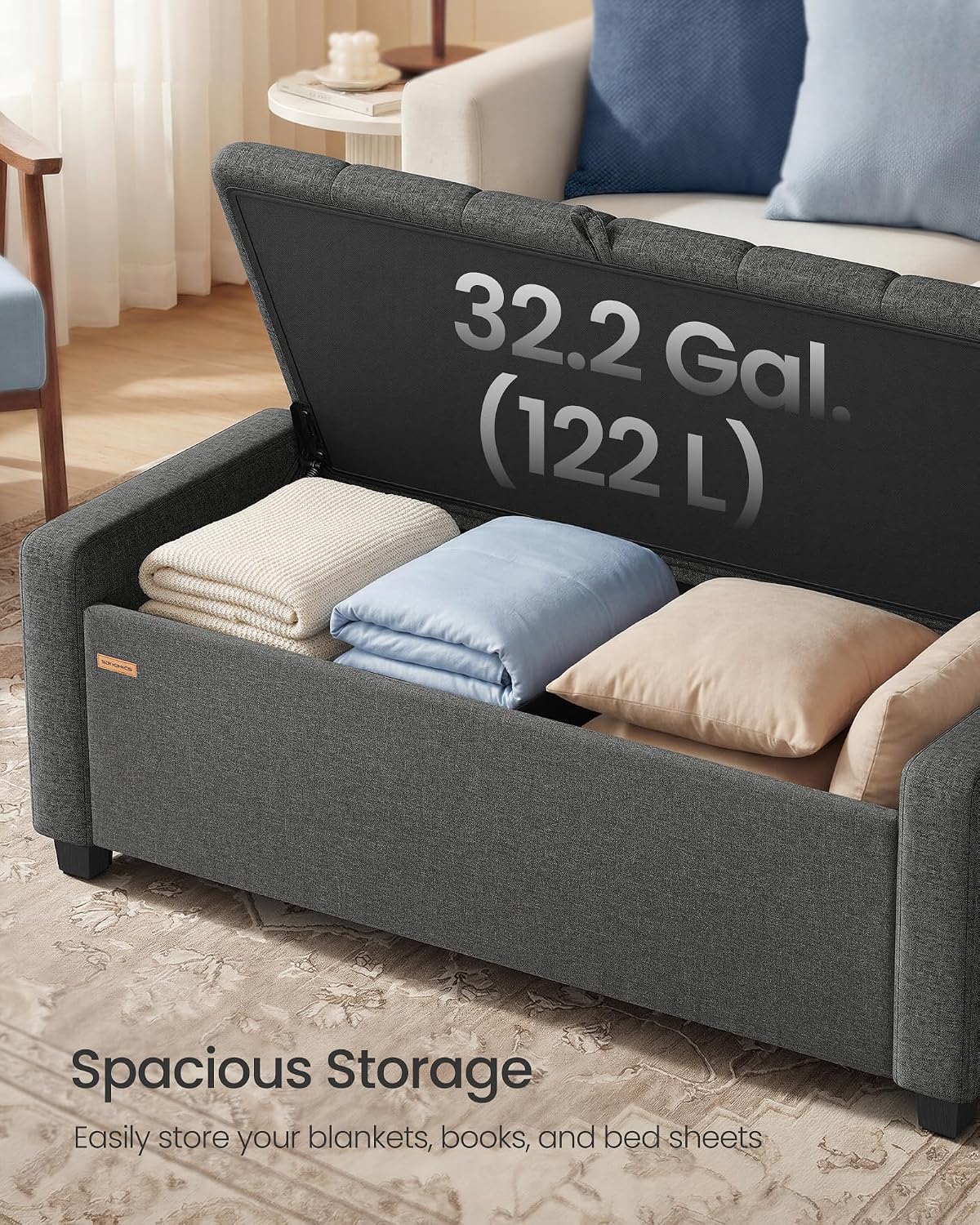 Slate Gray Linen Storage Ottoman Bench