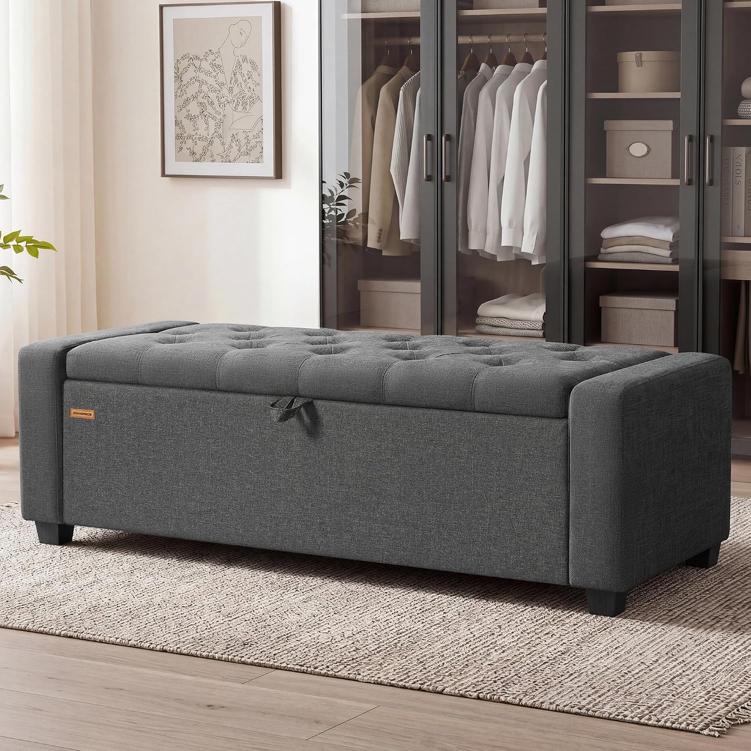 Slate Gray Linen Storage Ottoman Bench