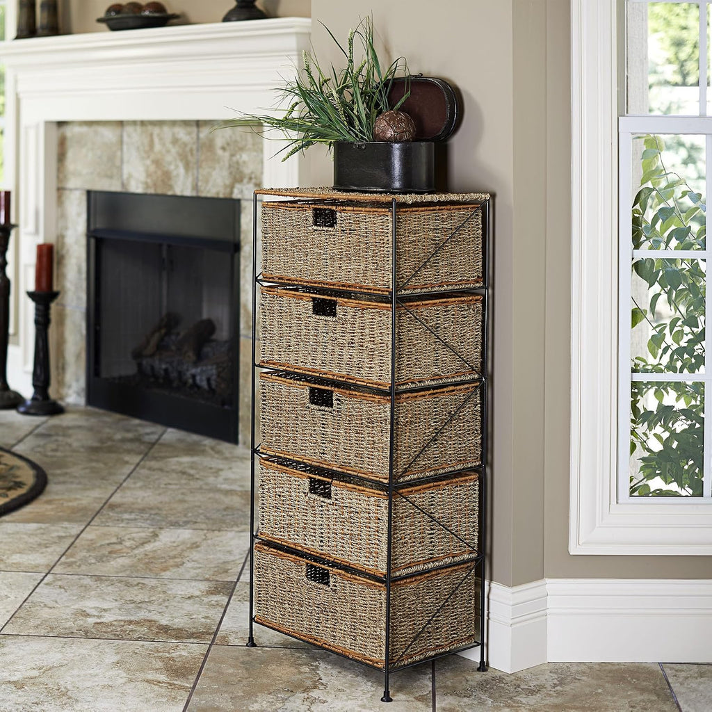 5 Drawer Seagrass Wicker Storage Tower