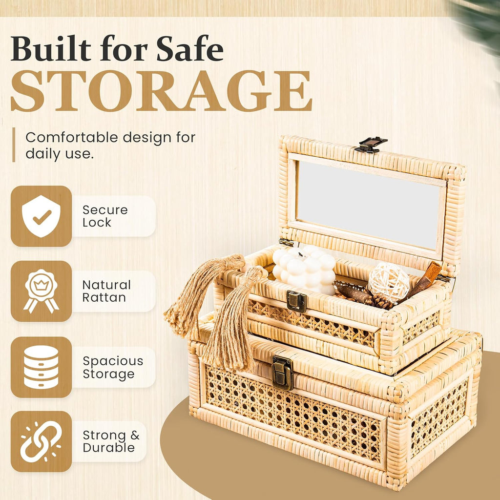 Lockable Lidded Rattan Boho Storage Box